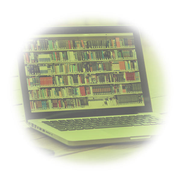 An image of a laptop with a big bookshelf displayed on its screen