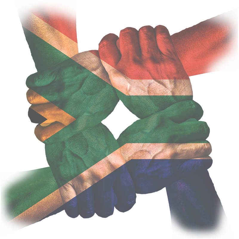 An image of four hands holding eachother in unity with the South African flag overlayed