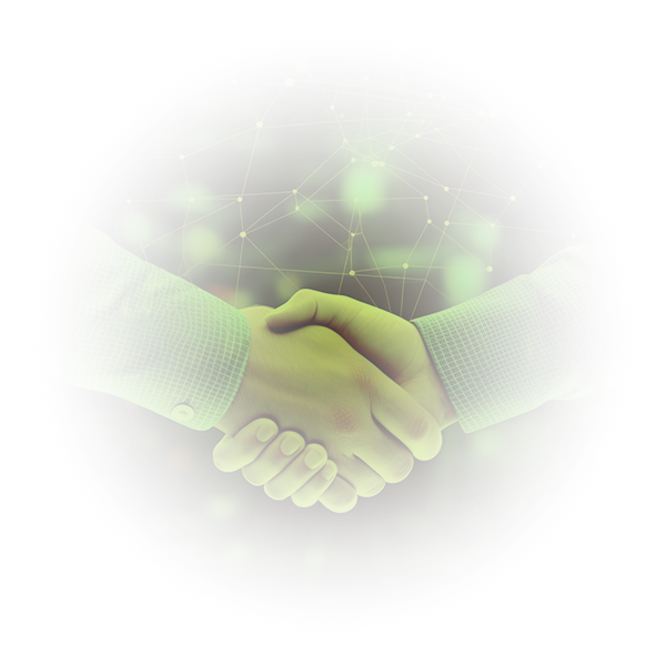 An image of 2 hands shaking infront of a digitalized background