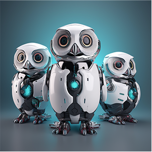 Digital image of 3 robotic owls standing together