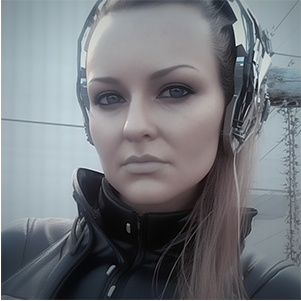 Digital mashup portrait of a woman with robotic features