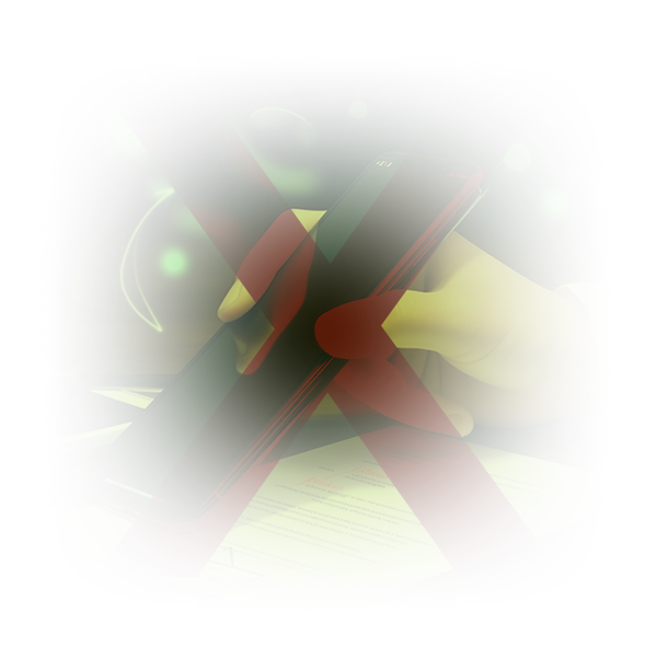 An image of a hand holding a mobile device, with a big 'X' overlayed