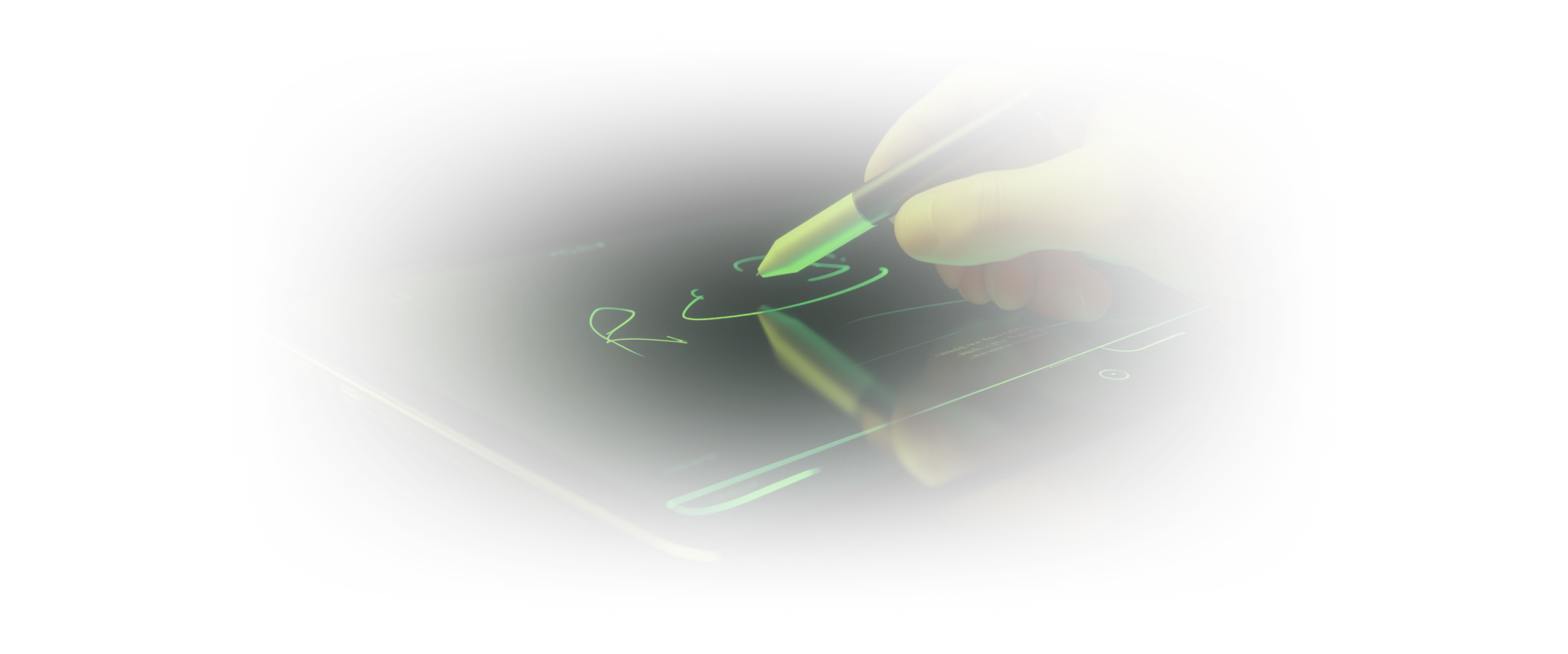 An image of a hand using a stylus to write their signature on a tablet device